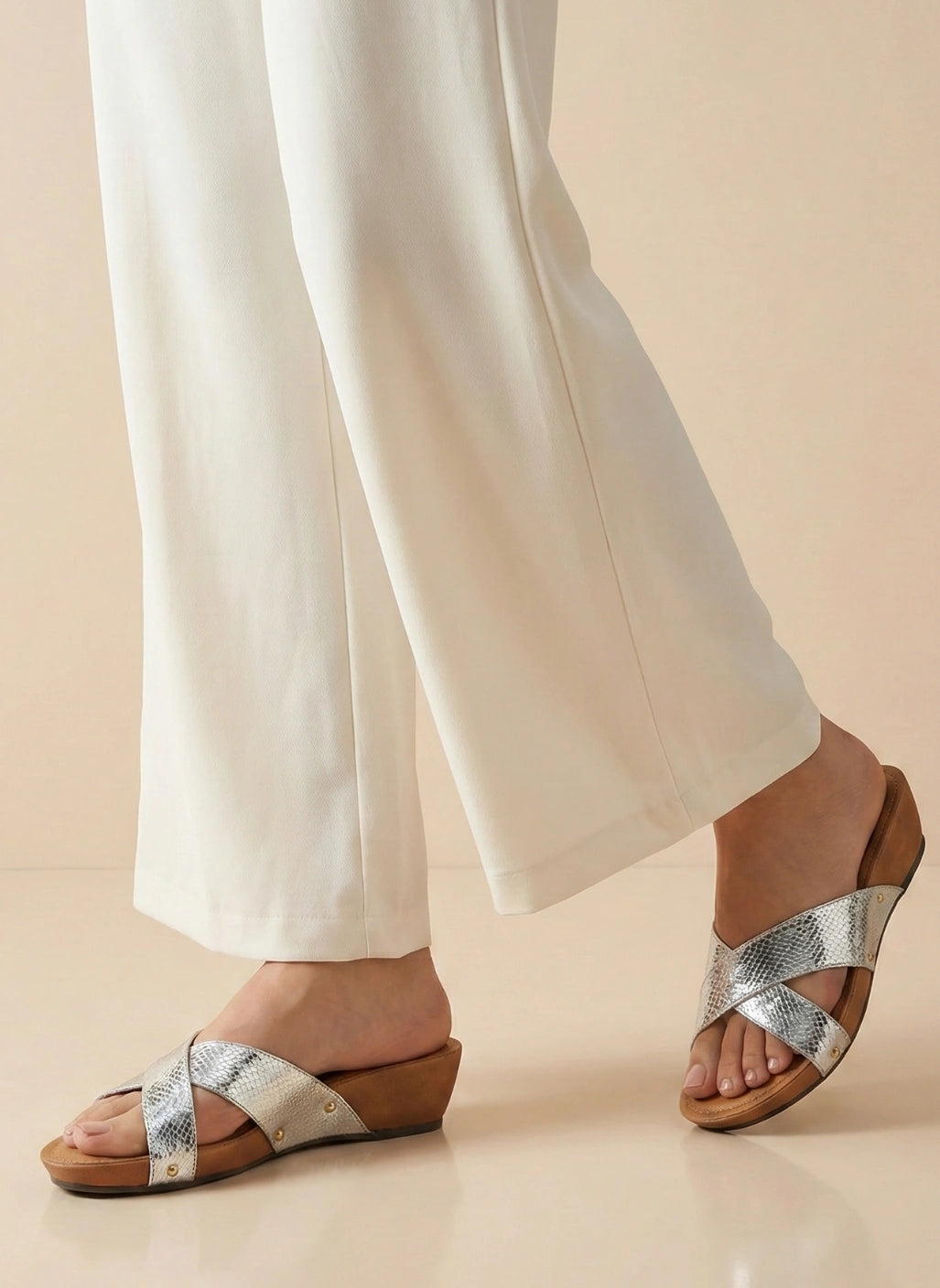 Kanzo Shimmer Cross Wedge Sandals for Women | Metallic Comfort Slip-On Heels Secondary image