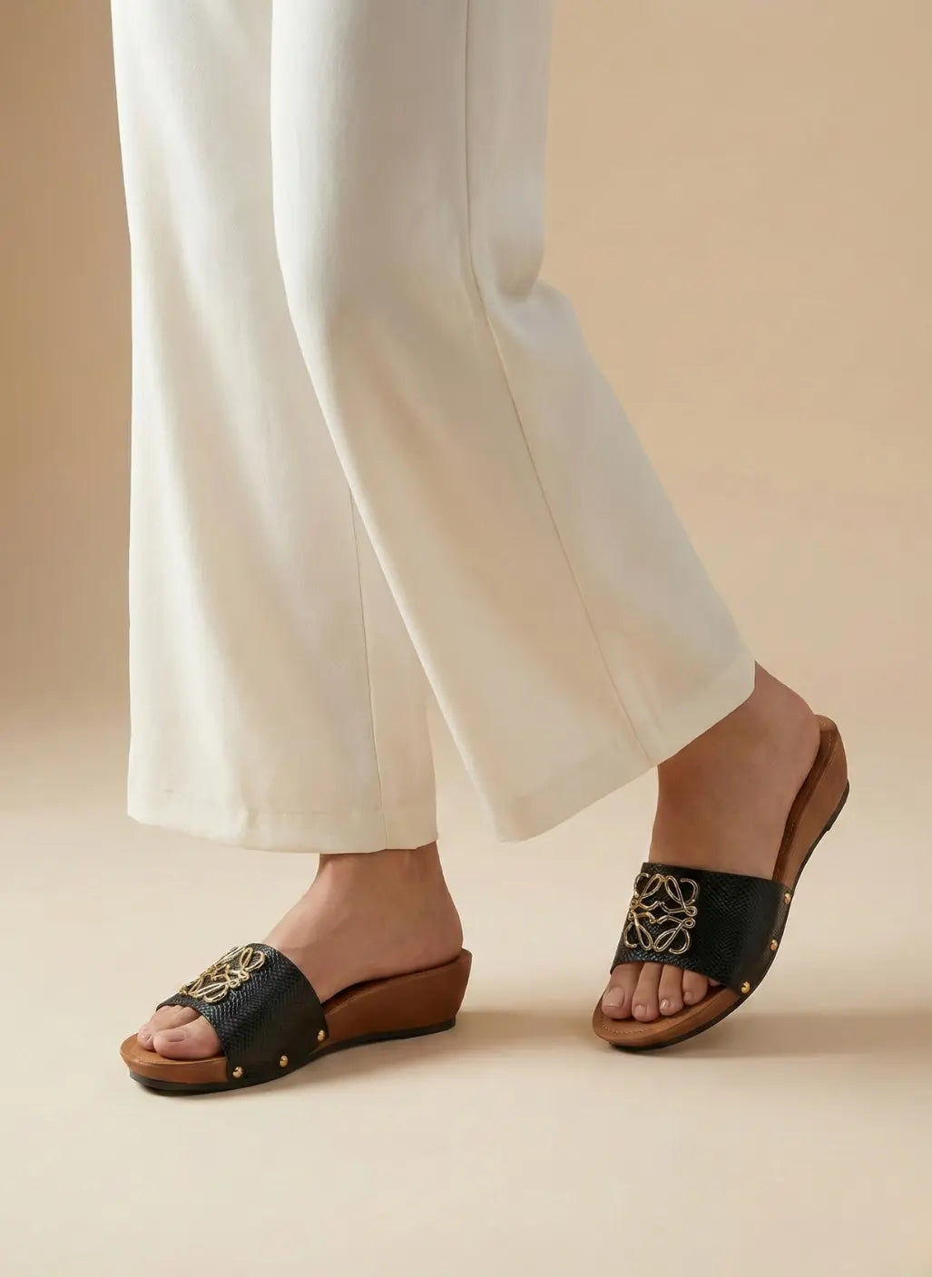 Kanzo Ornate Charm Wedge Sandals for Women | Embellished Comfort Slip-On Heels