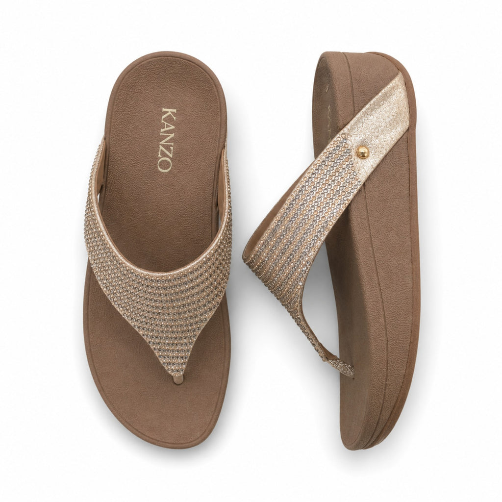 Kanzo Midnight Shine Sandals – Rhinestone Comfort Wedge Flip Flops for Women