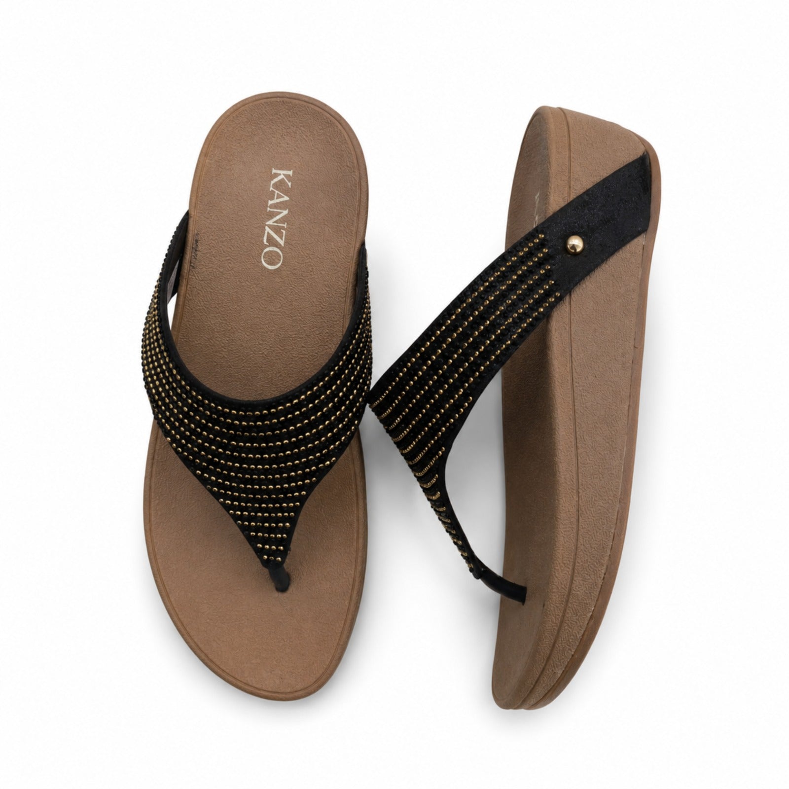 Kanzo Midnight Shine Sandals – Rhinestone Comfort Wedge Flip Flops for Women
