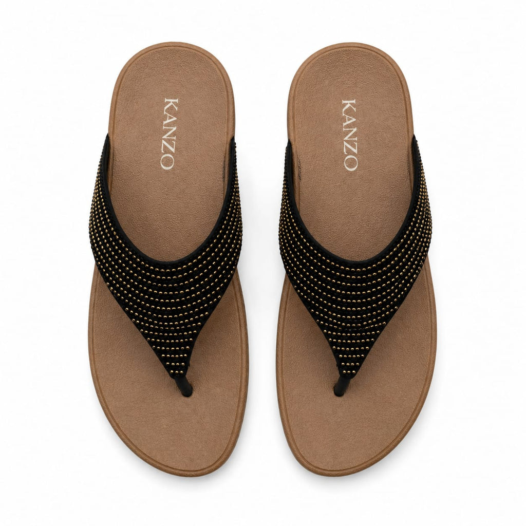 Kanzo Midnight Shine Sandals – Rhinestone Comfort Wedge Flip Flops for Women